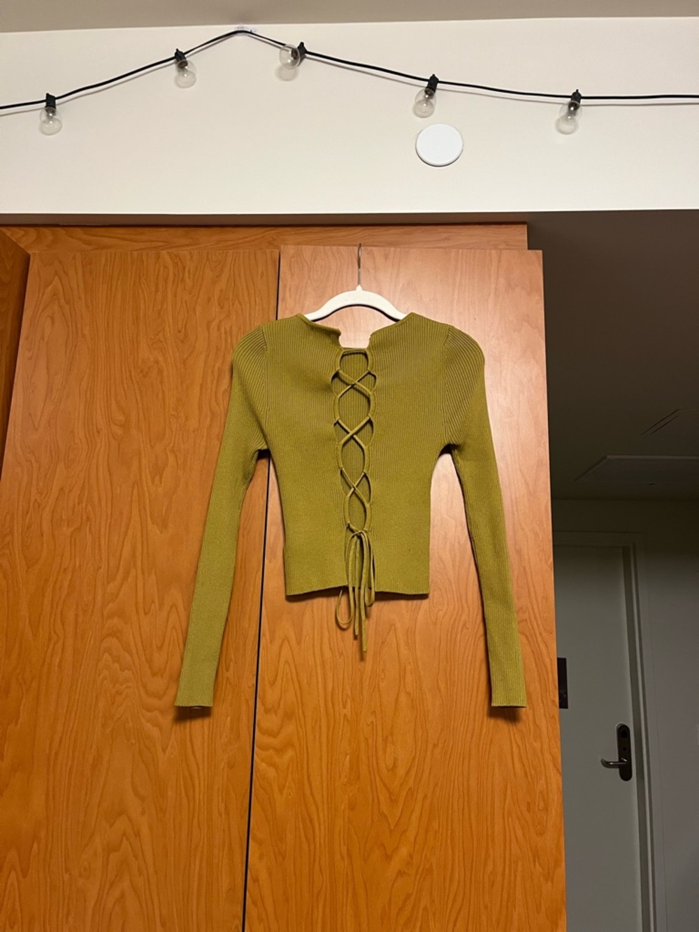 Cotton On Green Ribbed Long-Sleeve Top with Lace-Up Back